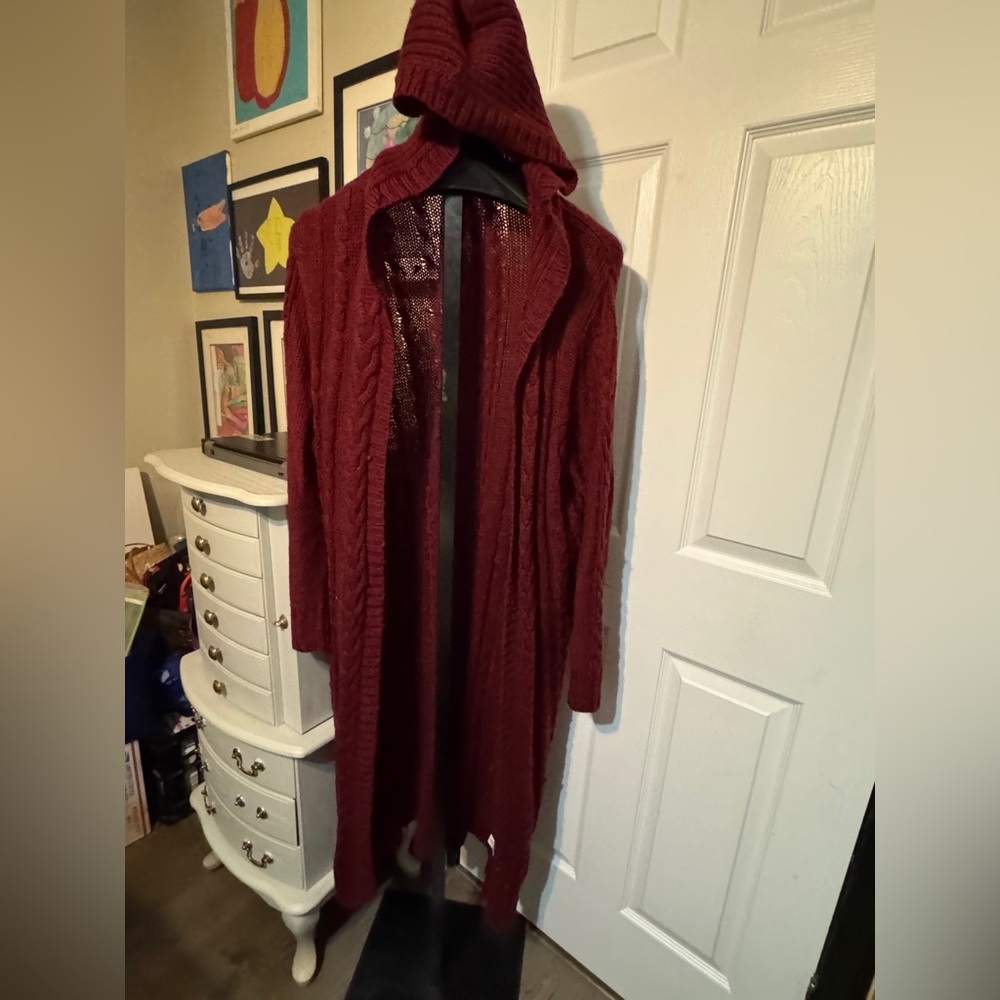 Merona burgundy/wine, cable-knit, long-sleeve hooded Cardigan. Size 20/22